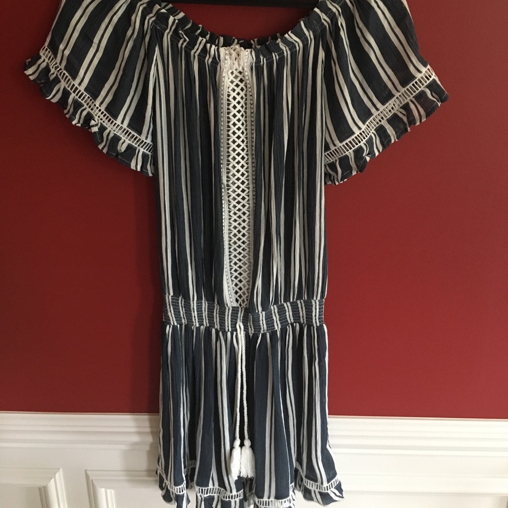 off the shoulder navy blue and white striped dress
